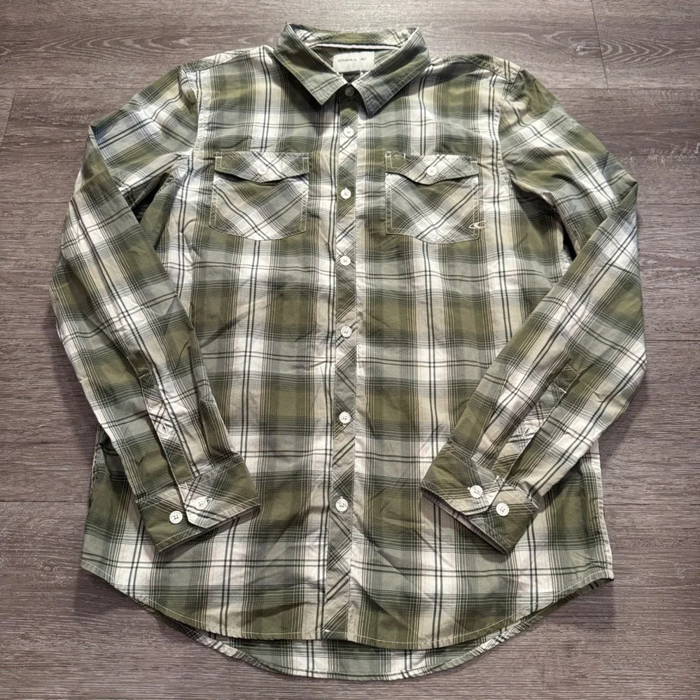 ONeill Shirt Mens M Green Plaid Cotton Woven Performance Outdoor Surf Beach VTG
